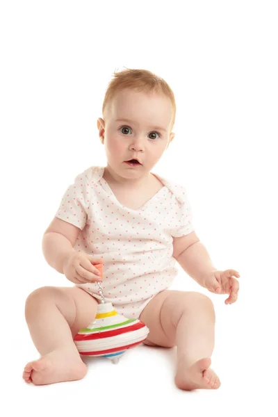 Cute Baby Girl Sitting Playing Toy Isolated White Background Top — Stock Photo, Image