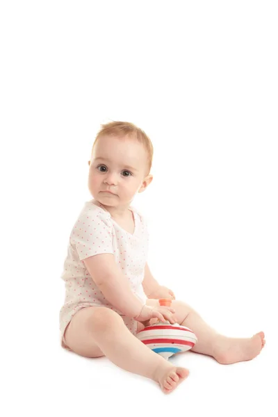 Cute Baby Girl Sitting Playing Toy Isolated White Background Top — Stock Photo, Image