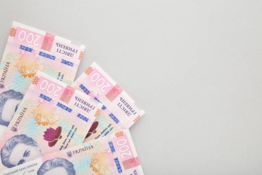 Banknotlar, gri arka planda Ukrayna 200 Hryvnia. Kopya alanı olan Ukrayna parası. Üst görünüm