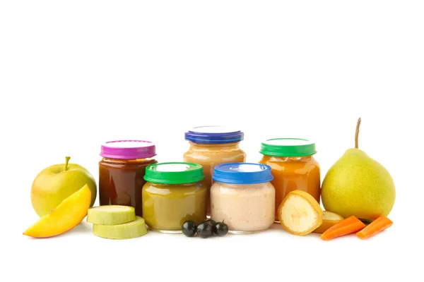 带有营养婴儿食品的玻璃瓶 在白色背景上分离 蔬菜和水果泥 — 图库照片