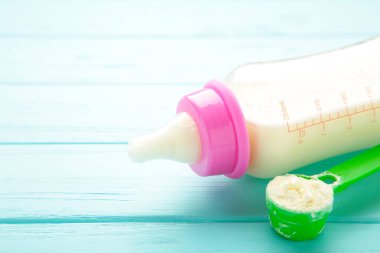 Mavi arka planda pudra olan süt şişesi. Üst görünüm