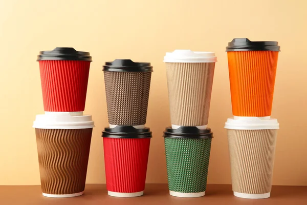 Many Different Cups Coffee Beige Background Hot Beverages — Stock Photo, Image