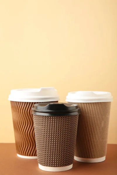 Three Brown Cups Coffee Beige Background Top View — Stock Photo, Image