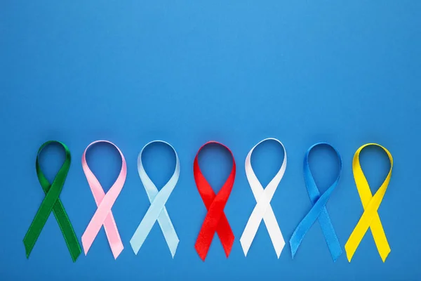 Collection Awareness Ribbons Blue World Cancer Day Top View — Stock Photo, Image
