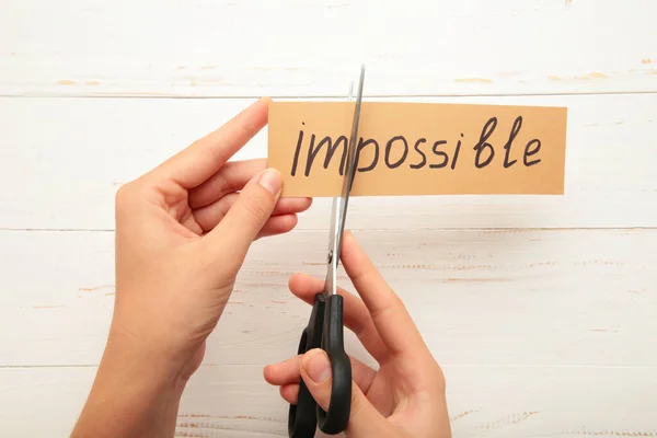 Impossible Possible Concept Card Text Impossible Cutting Word Written Possible — Stock Photo, Image