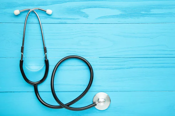 Stethoscoop Blauwe Achtergrond Bovenaanzicht Medische Studenten Dingen Bovenaanzicht — Stockfoto