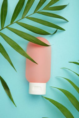 Mavi arka planda yeşil yapraklı kozmetik şişesi. Mesaj için yer var. Üst görünüm