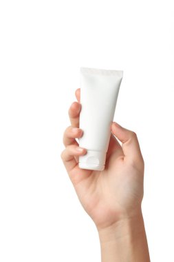 Beyaz arka planda izole edilmiş boş beyaz plastik bir tüp. Kozmetik güzellik ürünü markalaşma modeli.
