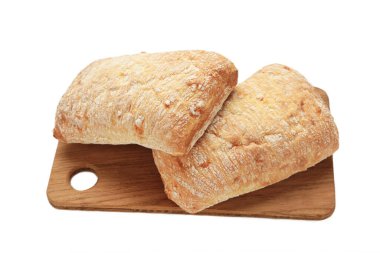 Ciabatta rustik ekmeği beyaz arka planda izole edilmiş. Üst görünüm.