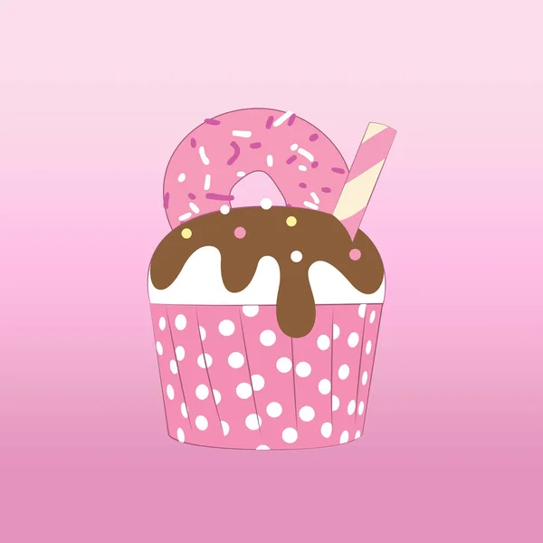 Cupcake com cobertura de donut em suporte de cupcake polkadot rosa —  Vetores de Stock