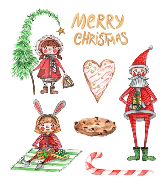 Aquarel Kerst Illustraties Met Meisjes Peperkoek Santa Kerst Decoraties Kerstkaarten — Stockfoto