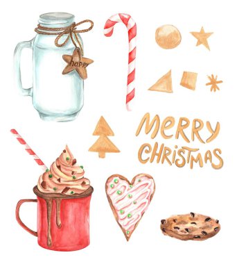 Kızlar, zencefilli, Noel Baba ve Noel süslemeleri ile suluboya Noel illüstrasyonlar. Yılbaşı kartları. Kış tasarım. Mutlu Noeller!