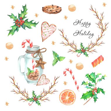 Kızlar, zencefilli, Noel Baba ve Noel süslemeleri ile suluboya Noel illüstrasyonlar. Yılbaşı kartları. Kış tasarım. Mutlu Noeller!