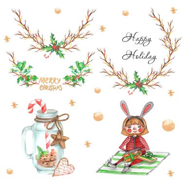 Kızlar, zencefilli, Noel Baba ve Noel süslemeleri ile suluboya Noel illüstrasyonlar. Yılbaşı kartları. Kış tasarım. Mutlu Noeller!