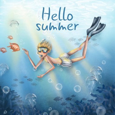 Dalış maskeli bir çocuk su altında balıklarla yüzer. Su altı dünyasında mercanlarla dalgıç