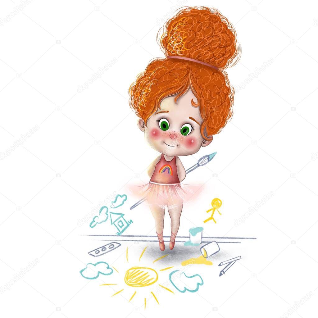 Illustration of a cute curly red hair girl showing different emotions. Child in a ballerina costume. Girl mischievous, draws, dances, indulges.