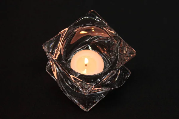 Burning Candle Transparent Candlestick Dark Background — Stock Photo, Image