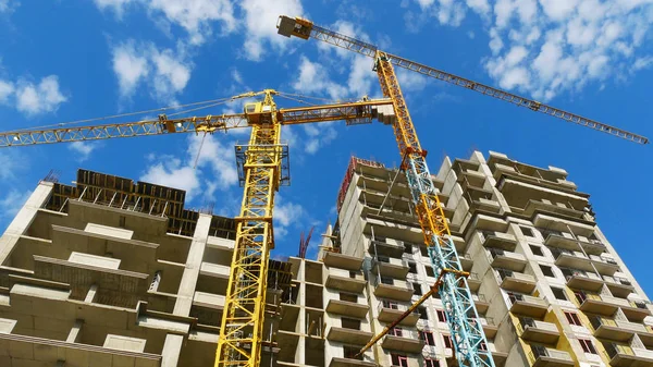 Fondo Del Sitio Construcción Proyecto Construcción Comercial Dos Grúas Enormes —  Fotos de Stock