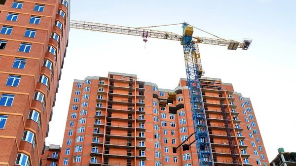 Construction Multi Storey Red Brick Building High Rise Construction Crane — Stock Photo, Image