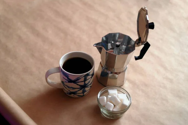 Koffie Drankje Zwart Mok Vrolijkheid Energie Ochtend Drankje Sterke Suiker — Stockfoto