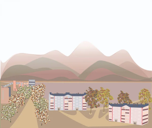 Vector Landskap Med Berg Avstånd Staden Nära Lake Höst Dimma — Stock vektor