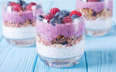 Chia yoğurt granola ve çilek (yaban mersini, raspberr