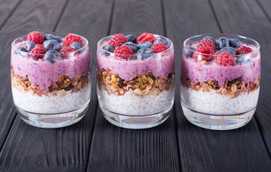 Chia yoğurt granola ve çilek (yaban mersini, raspberr