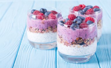 Chia yoğurt granola ve çilek (yaban mersini, raspberr