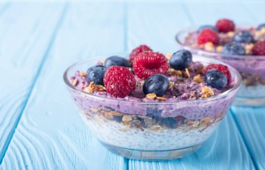 Chia yoğurt granola ve çilek (böğürtlen, ahududu )