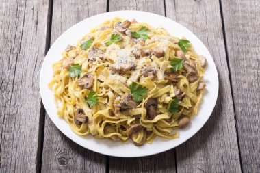 Makarna tagliatelle mantarlı tavuk eti ve mantar. Italyan Mutfagi