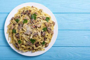 Makarna tagliatelle mantarlı tavuk eti ve mantar. Italyan Mutfagi