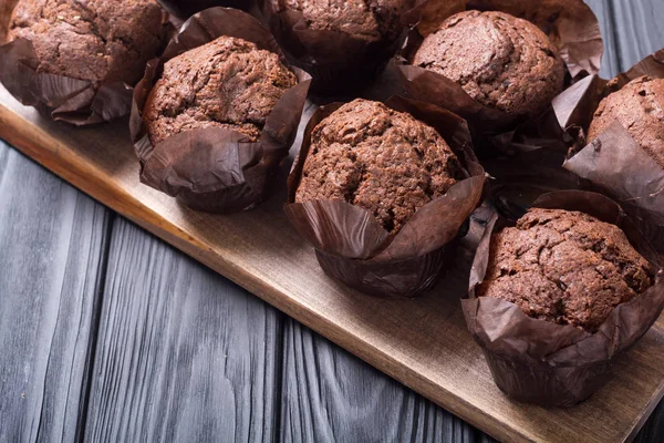 Söta Dessert Choklad Muffins Eller Cupcake Mat Bakgrund — Stockfoto