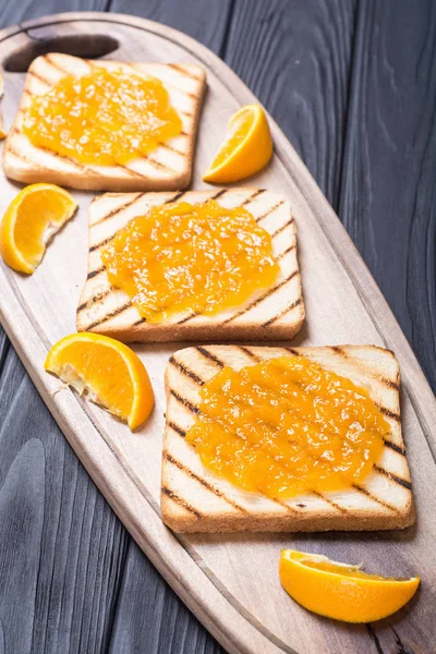 Homemade Orange Jam Toast Wooden Table Fruit Breakfast — Stock Photo, Image