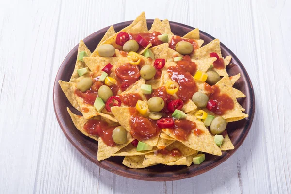 Traditional Mexican Food Nachos Sauce Salsa Olives Chili Peppers Avocado — Stock Photo, Image