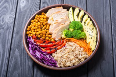 Avokado, tavuk, biber, quinoa ve nohut ile Buda kase. Sağlıklı gıda