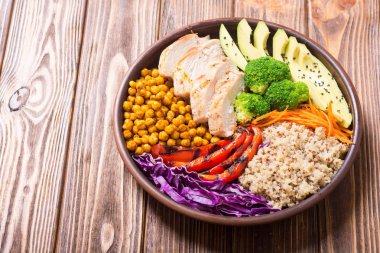 Avokado, tavuk, biber, quinoa ve nohut ile Buda kase. Sağlıklı gıda