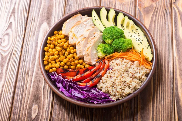 Buddha Bowl Met Avocado Kip Peper Quinoa Kikkererwten Gezonde Voeding — Stockfoto