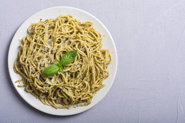 Tészta Spagetti Pesto Szósszal Olasz Élelmiszer Háttér — Stock Fotó