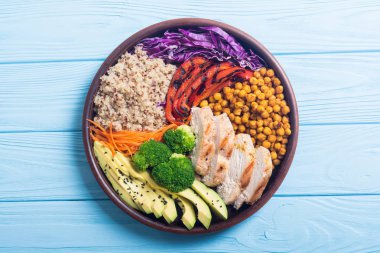 Avokado, tavuk, biber, quinoa ve nohut ile Buda kase. Sağlıklı gıda