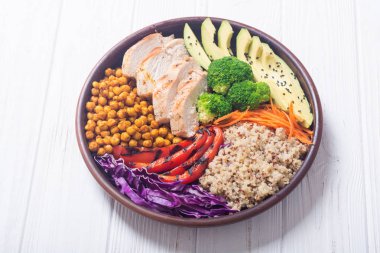 Avokado, tavuk, biber, quinoa ve nohut ile Buda kase. Sağlıklı gıda