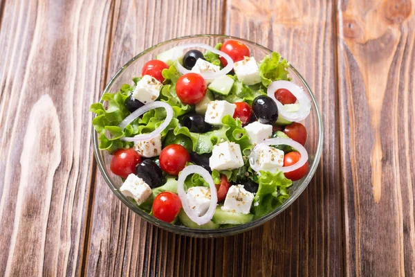 Fresh Vegetables Greek Salad Healthy Food Wooden Background — Stock Photo, Image