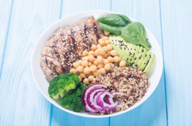 Buda kase brokoli, quinoa, ızgara tavuk, avokado ve ıspanak. Sağlıklı vegan salata. Superfood
