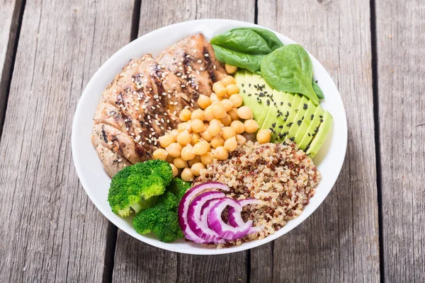 Buddha Bowl Met Broccoli Quinoa Gegrilde Kip Avocado Spinazie Gezond — Stockfoto