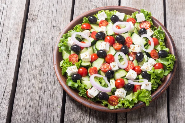 Fresh Vegetables Greek Salad Healthy Food Wooden Background — Stock Photo, Image