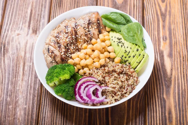 Buddha Bowl Met Broccoli Quinoa Gegrilde Kip Avocado Spinazie Gezond — Stockfoto