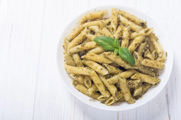 Pasta Penne Italiana Con Pesto Salsa Fondo Alimentario — Foto de Stock