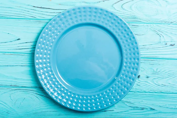 Assiette Bleue Vide Sur Table Bois Fond Vue Supérieure — Photo