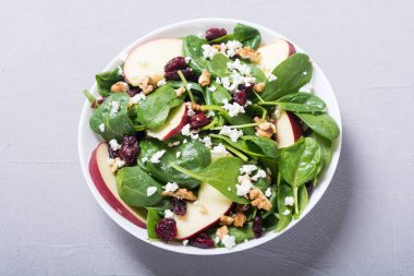 Elma, peynir, ceviz ve kurutulmuş kızılcık sonbahar ıspanak salatası. Sağlıklı vejetaryen yemek