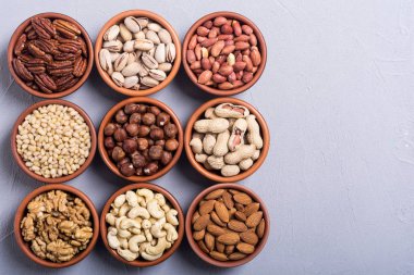 Fındık karışımı: antep fıstığı, badem, ceviz, çam fıstığı, fındık ve kaju. Kase backgrond içinde snack