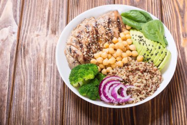 Buda kase brokoli, quinoa, ızgara tavuk, avokado ve ıspanak. Sağlıklı vegan salata. Superfood